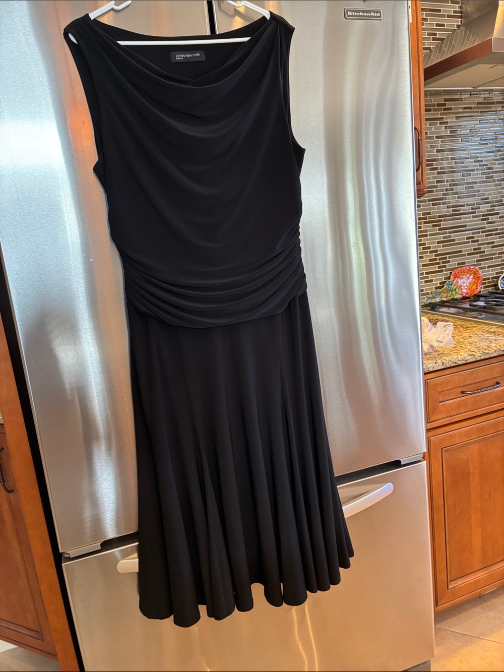 Jones New York Black Sleeveless Draped Waist Midi Dress with A-Line Skirt